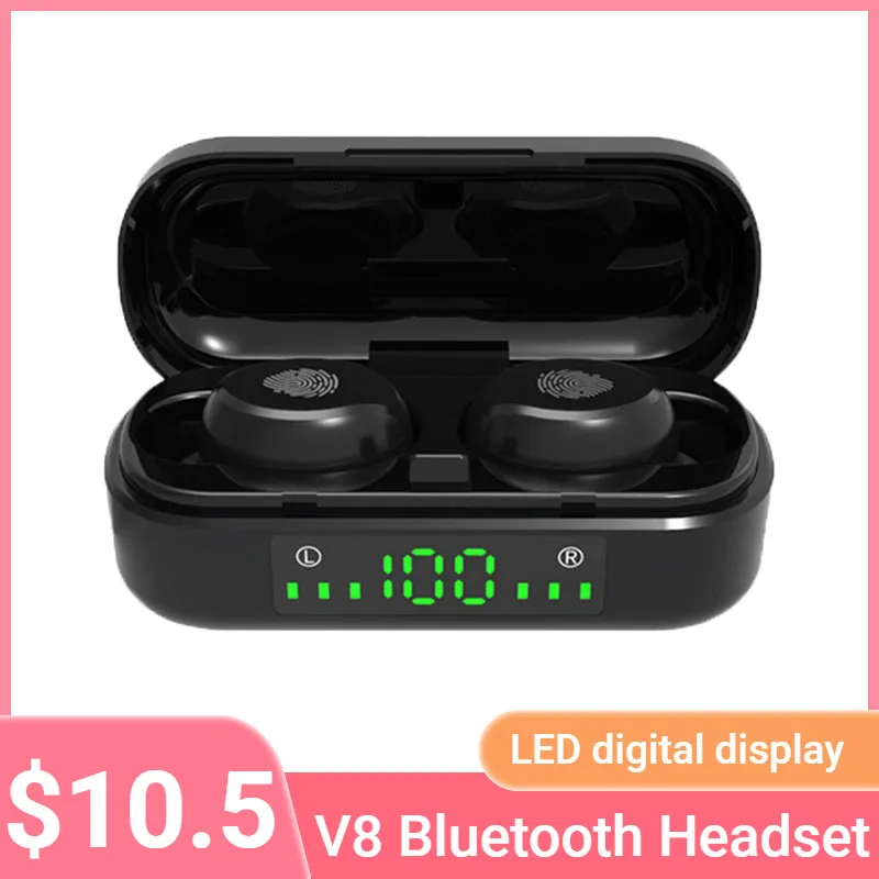 

New V8 TWS Wireless Bluetooth Earphones 5.0 LED Digital Display Hands Free Headset Smart Touch Stereo Sound Headphones with Mic