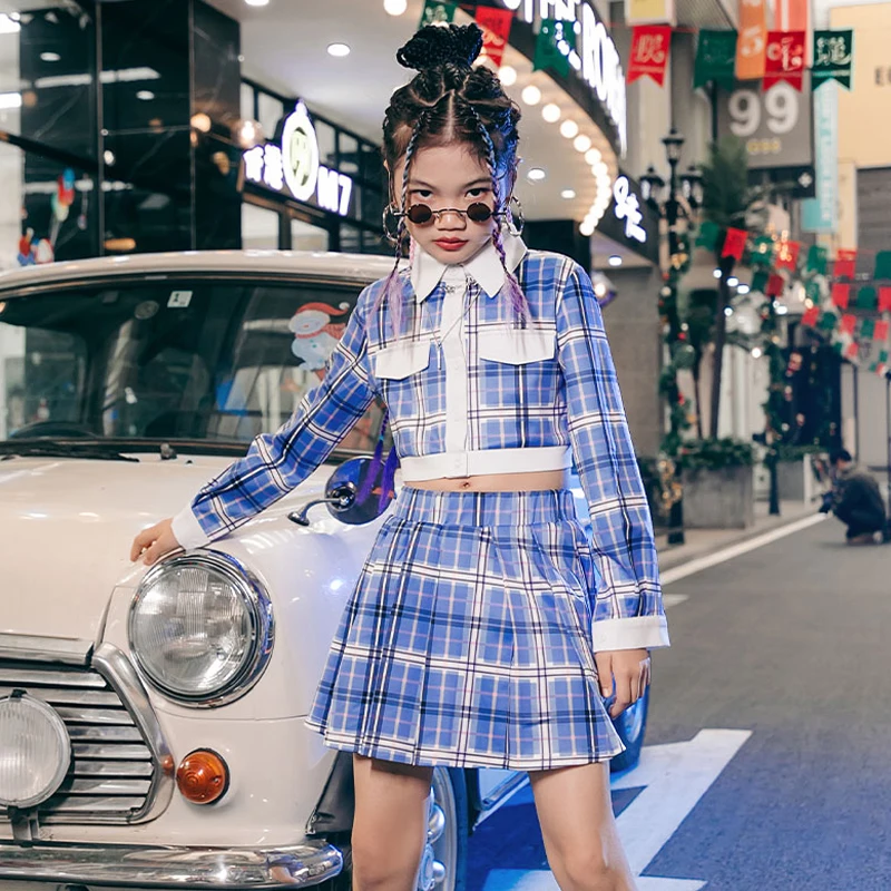 

Kids Jazz Dance Clothes Modern Street Dance Hip Hop Blue Plaid Suit Children'S Day Festival Catwalk Show Stage Costumes DQL6681