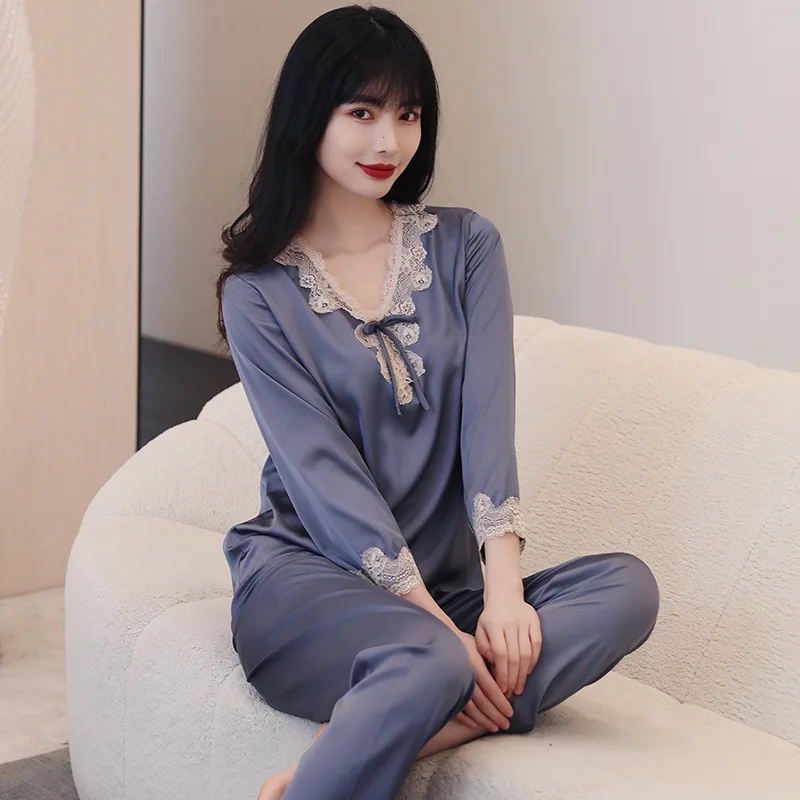 New Spring, Summer and Autumn Thin Type Silk Long Sleeve Lace Casual Women's Ice Silk Pajamas Pullover Pajamas