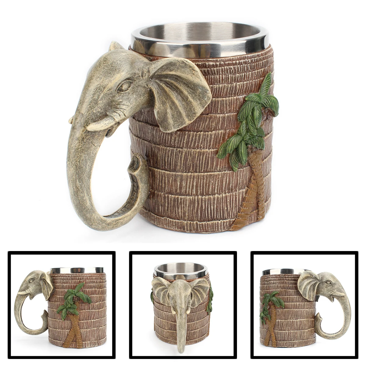 

600ml Stainless Steel Beer Mug Coconut Tree Elephant Trunk Handle Drinking Cup Tropical Tankard Drinkware Home Bar Coffee Mugs