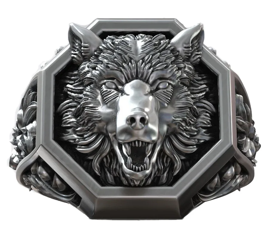 

Мужское кольцо из серебра 925 пробы с узором в виде головы волка