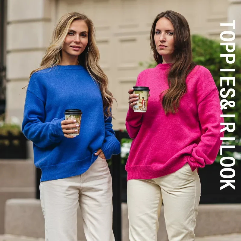 

Toppies 2021 Autumn Winter 15% Wool Sweater Solid Green Round Neck Sweater Soft Warm Knitted Tops