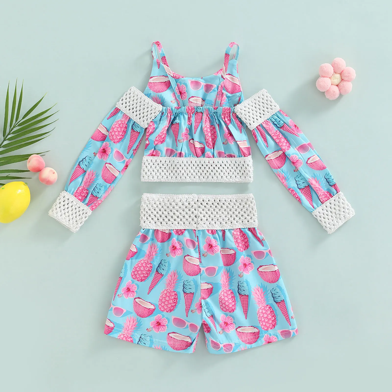 

Infant Kid Baby Girls Casual Two-piece Pants Suit, Blue Printing Off-the-shoulder Pullover and Hollow Out High Waist Shorts 1-5T