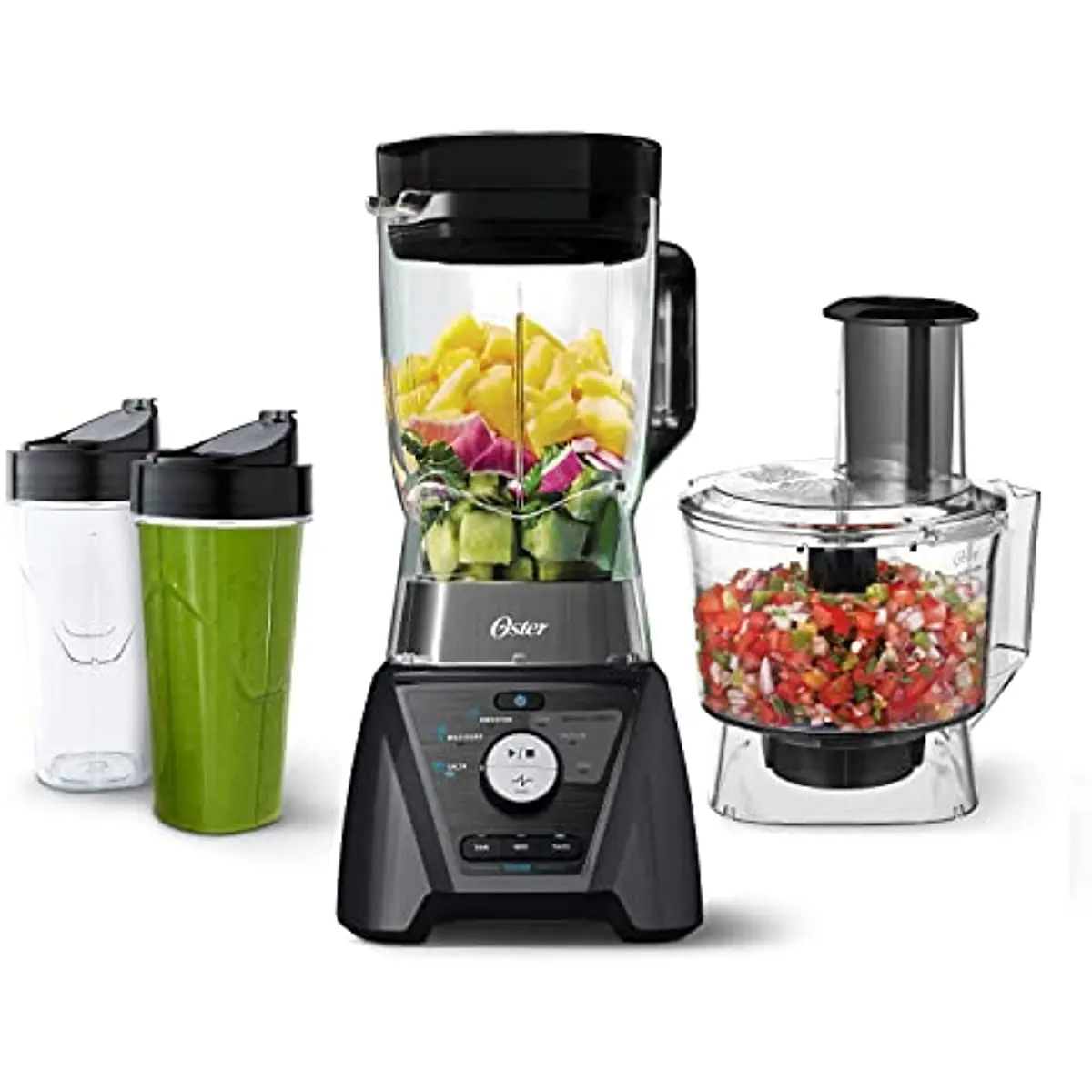 

Oster Blender and Food Processor Combo with 3 Settings for Smoothies,Food Chopping,Includes 2 24-Ounce Cups and Lids,Carbon Grey