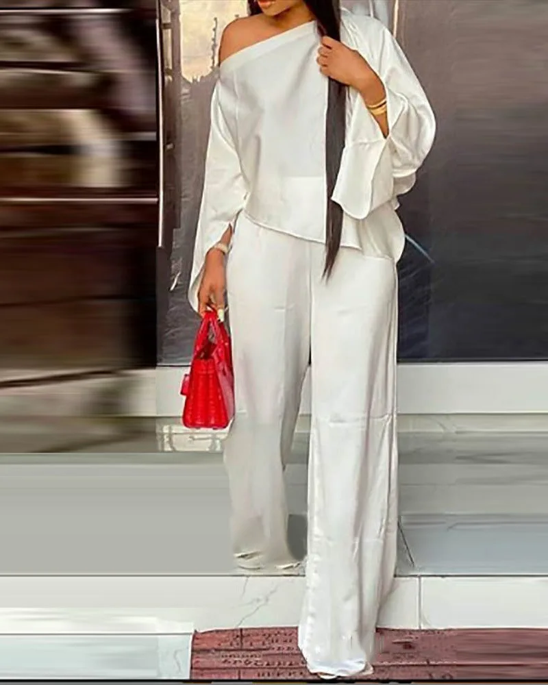

Satin Cold Shoulder Bell Sleeve Top & Pants Set Women 2pcs Clothes Suit Loose Tops Wide Leg Pants High Waist Summer Solid Color