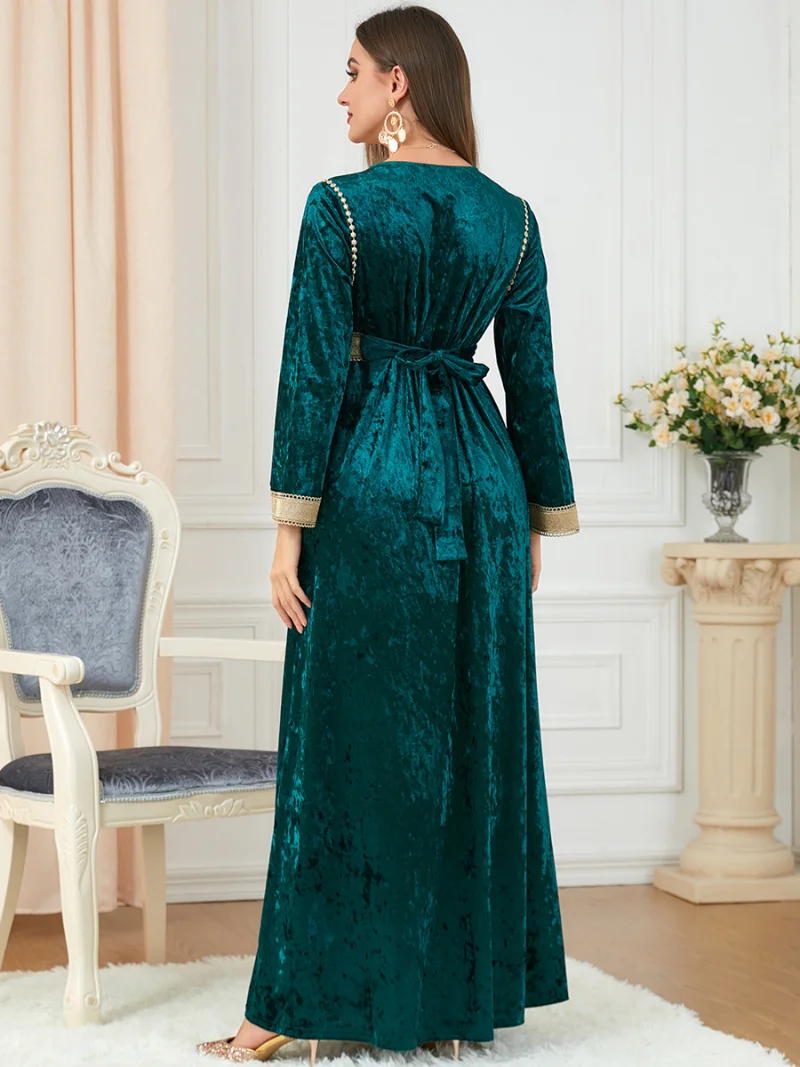 Dubai Women's Long Dress Velvet Tape Trim V-Neck Belted Kaftan Abaya Saudi Arabia Ladies Dresses Autumn Muslim Women Clothing