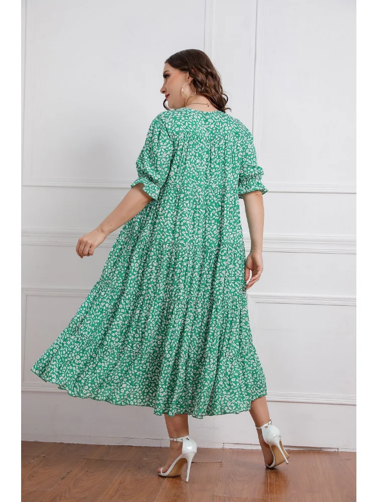 Large Women's Summer New Short Sleeve Cotton Print Loose Dress  long sleeve plus size women clothing plus size dresses