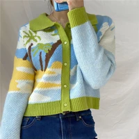 knitted sweater womens art landscape painting lapel single breasted knitted cardigan spring and autumn warm long sleeved top