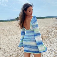 blue sexy knitted backless dress mini bodycon y2k long sleeve 2022 women party dresses beach club summer outfits