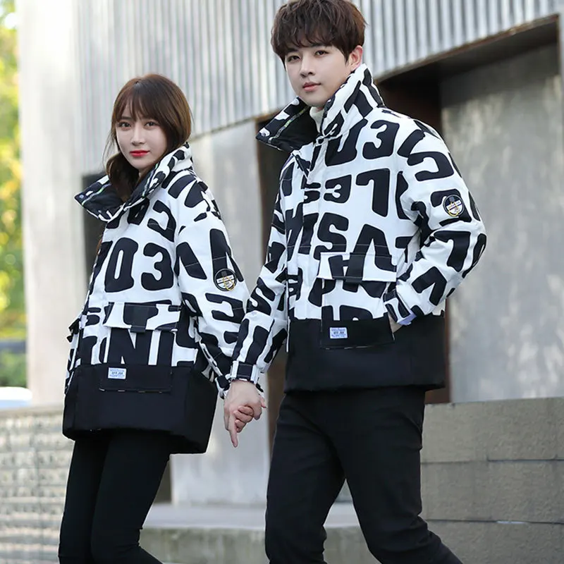 White duck down men's 2022 new stand-up collar coat thickened warm couple down jacket alphabet graffiti down jacket coats