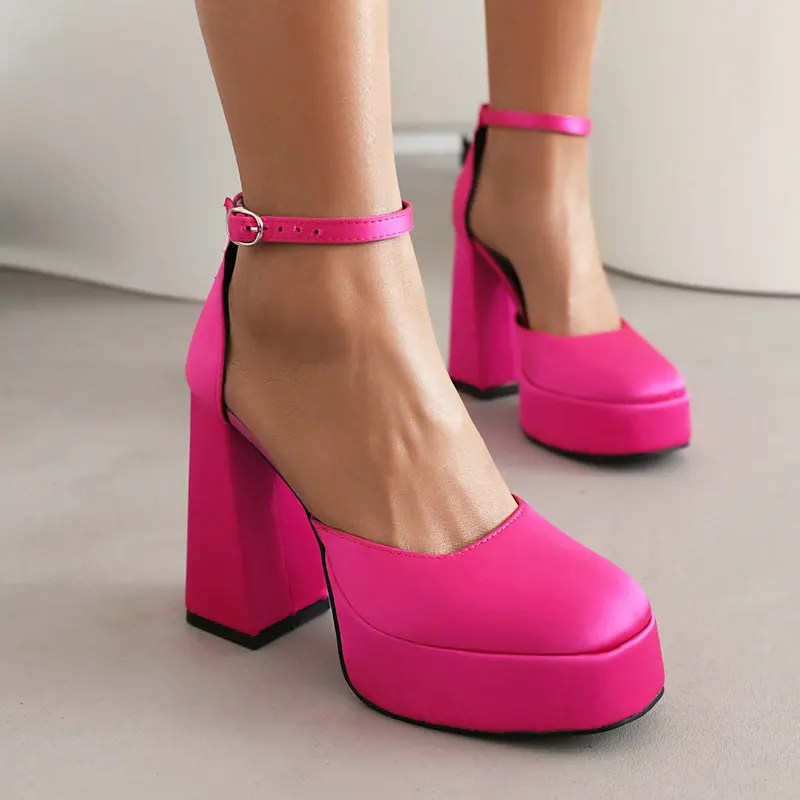 

Plain Bright Pink Red Satin Fabric Closed Toe Women Pumps Spring Mary Janes Shoes Big Size 48 Platform Block High Heels Sandals
