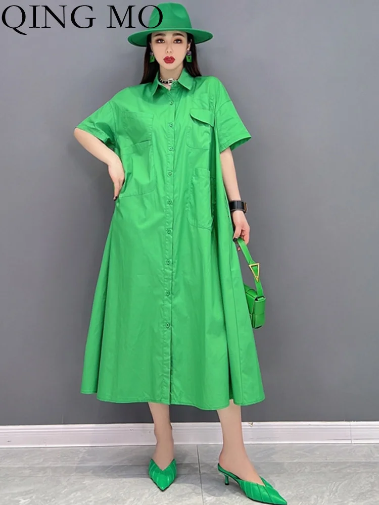 

Женское платье средней длины QING MO, повседневное свободное платье-рубашка из хлопка и льна с рукавом до локтя, модель ZXF1018 большого размера на лето, 2023