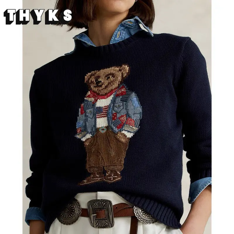 2022 New Cartoon RL Bear Cotton Sweater Women Casual Winter Fashion Long Sleeve Knitted Pullover Sweater Streetwear Clothes