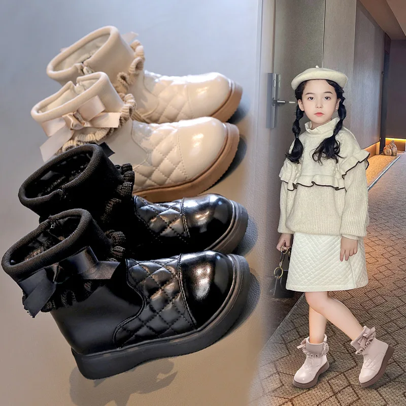 

Girls Fashion Lattice Leather Boots New Autumn Winter Kids Non-slip Cute Bowknot Princess Ankle Boots Baby Girls Casual Shoes
