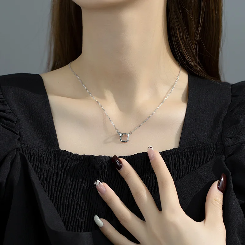 

PANJBJ Silver Color Square Necklace for Women Girl Design Creative Chain Interlocking Jewelry Birthday Gift Dropship Wholesale