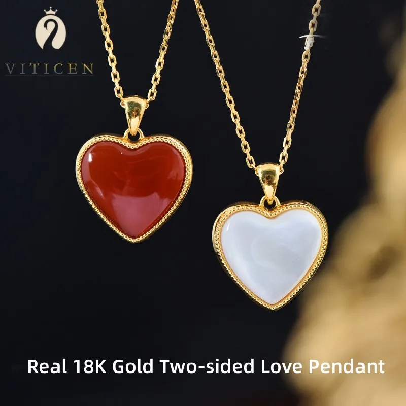 

VITICEN Real AU750 18K Gold Two-sided Agate Love Pendant Necklace Valentine Gift Luxury Romantic Present For Woman Fine Jewelry