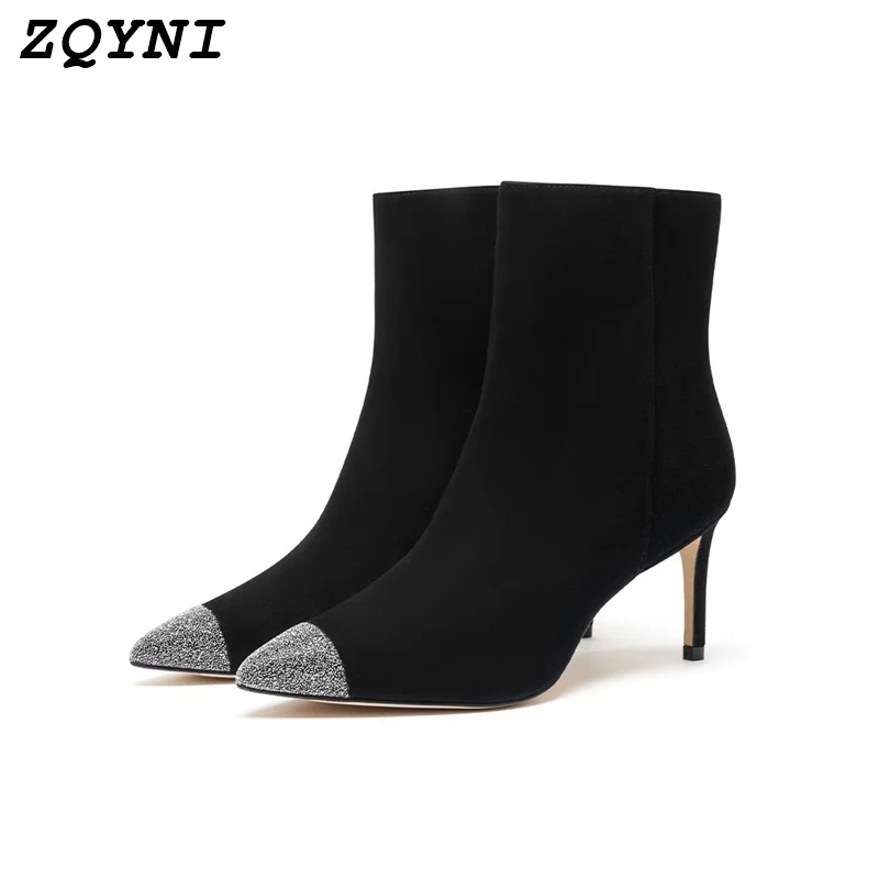 

Women's boots Women's cowhide rhinestone high-heeled shoes Luxury shoes Comfortable narrow pointed fashion party