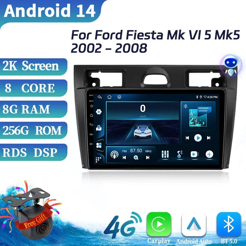 Для Ford Fiesta Mk VI 5 Mk5 2002-2008 Android 14 Автомобильный беспроводной Carplay Радио