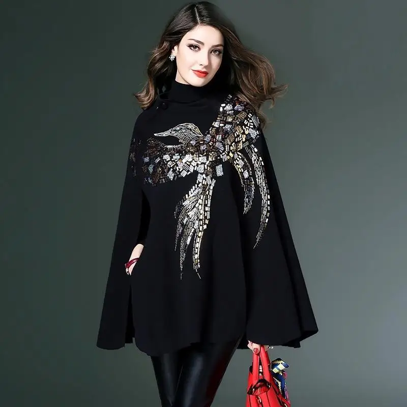 

Heavy Industry Beaded Sequin Black Sweater Women's Coat 2023 Spring New Fashion Shawl Thickened Pullover Cloak Bat Sweater Tops