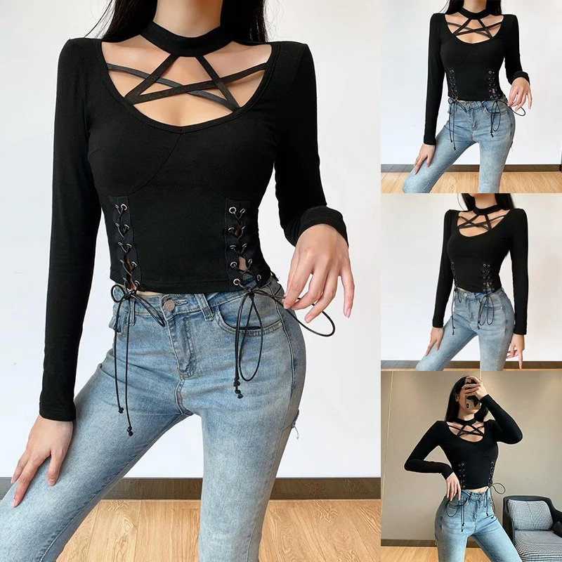 

Black Long Sleeve Tops Gothic Hollow Out Halter Sexy Tops Autumn Bandage Slim Casual Tops Streetwear