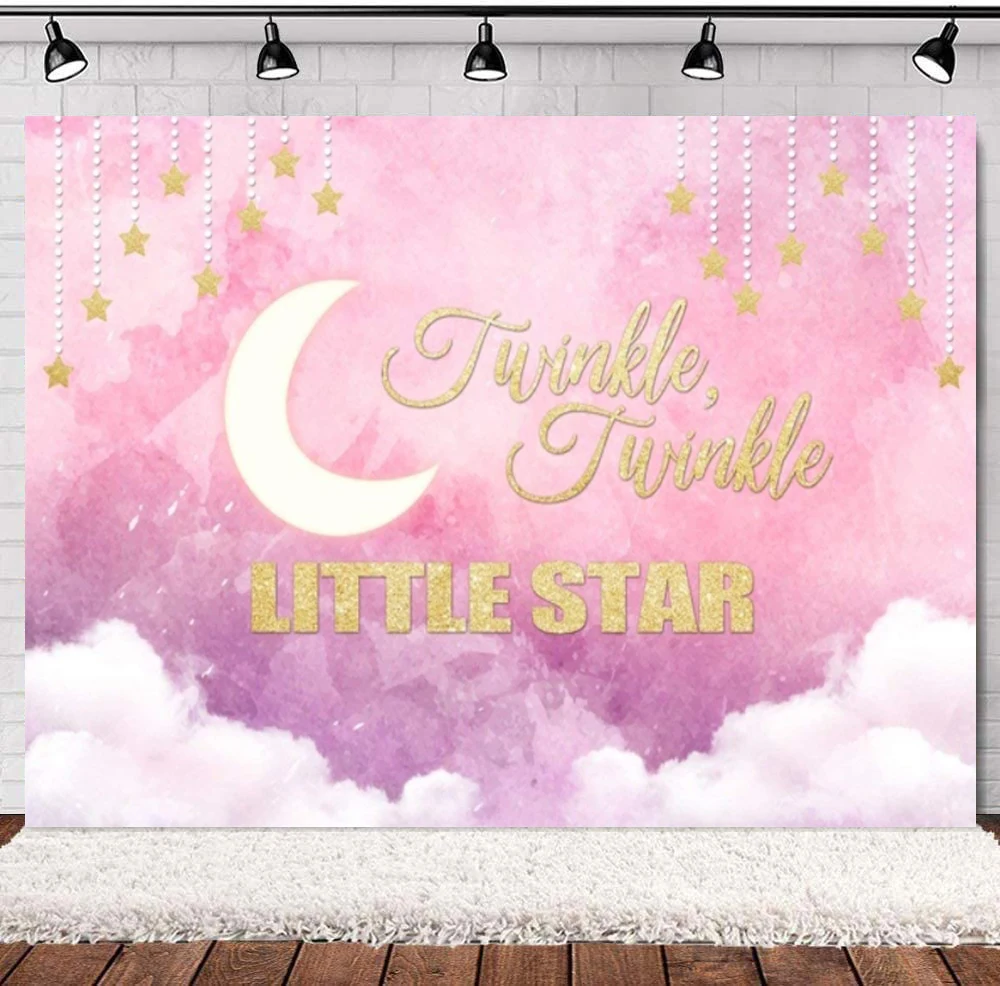 

Twinkle Little Star Photography Backdrop Pink Sweet Moon Clouds Background Baby Shower Banner Birthday Party Cake Decoration