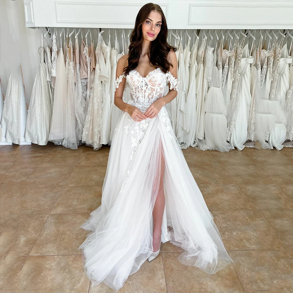 

Msikoods пляжное простое свадебное платье в стиле бохо 2022 с открытыми плечами и высоким разрезом, свадебное платье с открытой спиной, Кружевная ...