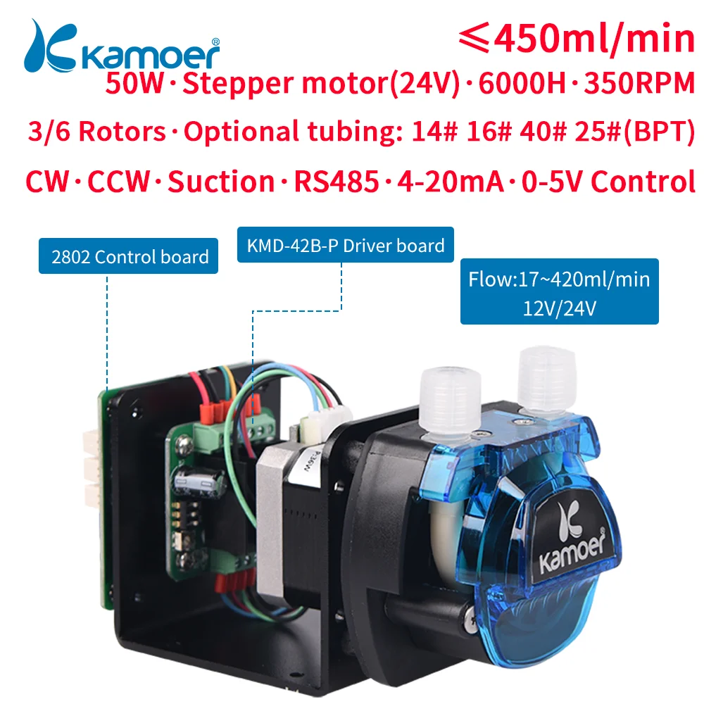 

Kamoer KCM-ODMA 12V/24V Mini Peristaltic Pump with Small Flow Stepper Motor (13.5~670ml/min, 3/6 Rotors) for Lab Analysis