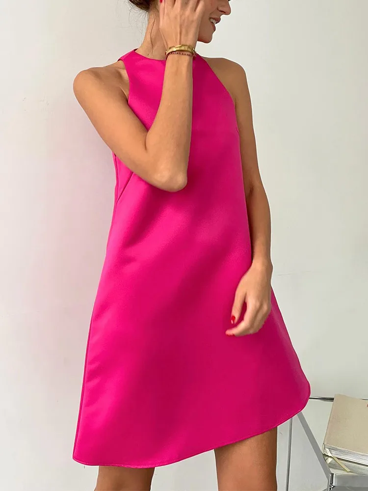 

Women Stain Dress Rose Red O-neck Sleeveless Mini Dresses 2022 Summer Lady Casual A-line Club Party Dress Birthday Outfits Green