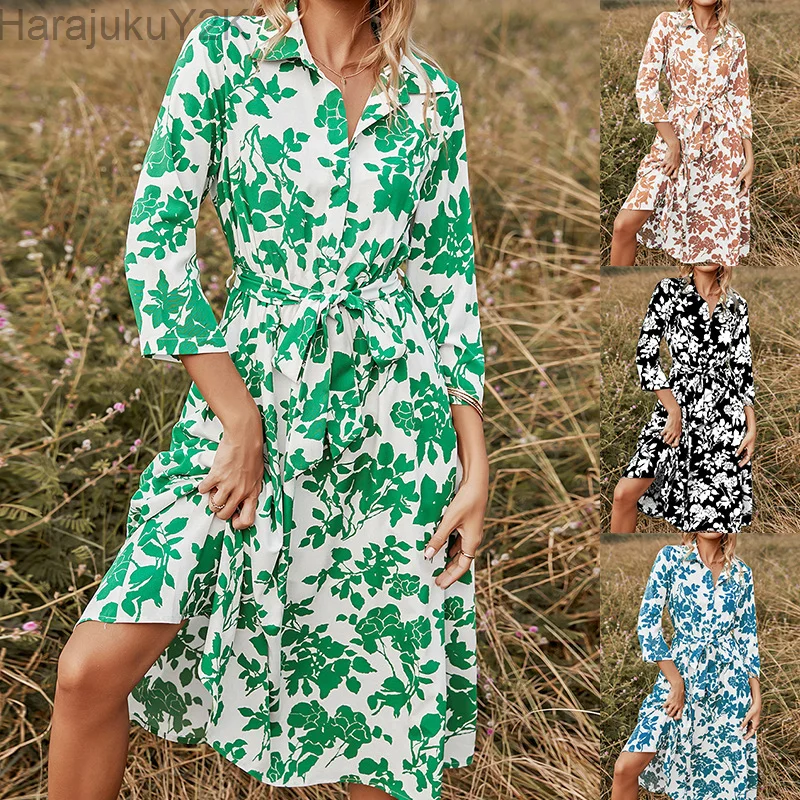 

2022 Women Vintage Totem Floral Print Bow Sashes Midi Shirt Dress Female Chic Three Quarter Sleeve Casual Slim Vestidos