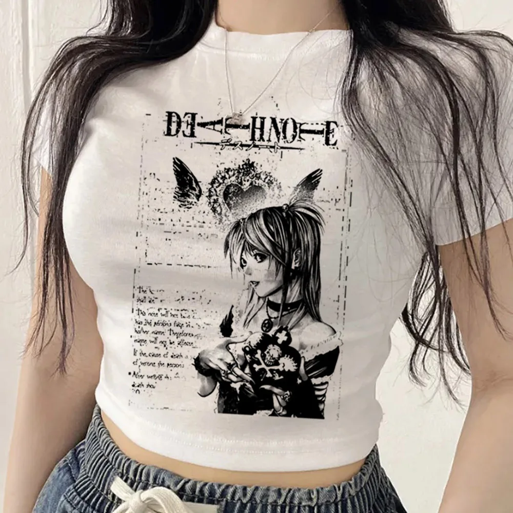 Фото Укороченный топ Death Note для подростков в стиле хараджуку, дешевая японская футболка в стиле аниме, японская футболка в стиле Y2K, готическая футболка в стиле гяру №1