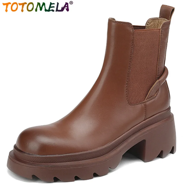 

TOTOMELA 2023 New Genuine Leather Women Boots Thick High Heels Dress Shoes Retro Winter Ankle Platform Chelsea Boots