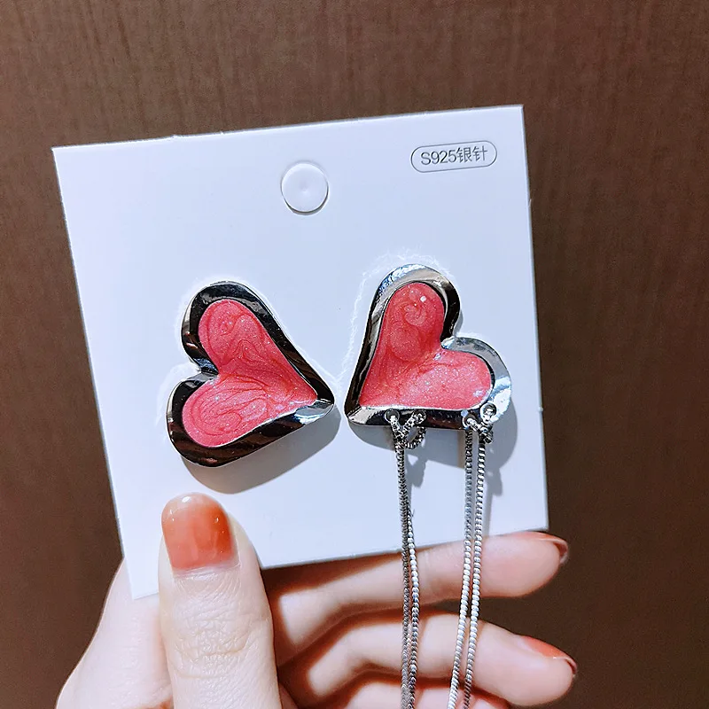 

Minar Hyperbole Pink Color Enamel Heart Shape Drop Dangle Earrings for Women Silver Color Alloy Love Long Tassel Earring Gifts