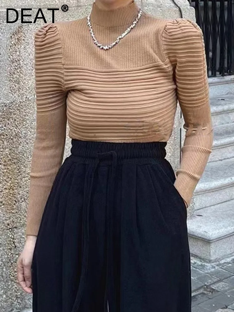 

Женский трикотажный пуловер DEAT, облегающий Однотонный свитер с ложным воротником и пышными рукавами, весна 2023