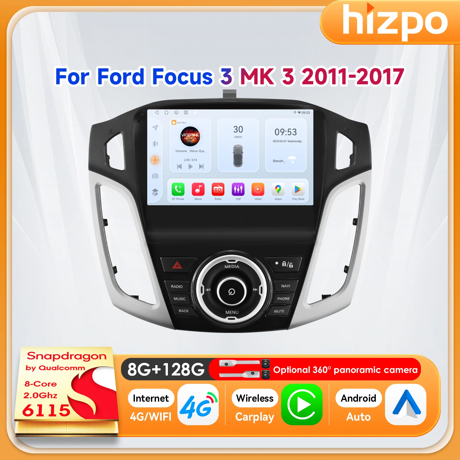 Фото Мультимедийный проигрыватель Hizpo 9 дюймов с GPS-навигацией для Ford Focus 3 MK3 2012-2018, беспроводной CarPlay, Android Auto, 8-ядерный процессор, Wi-Fi, SWS №1