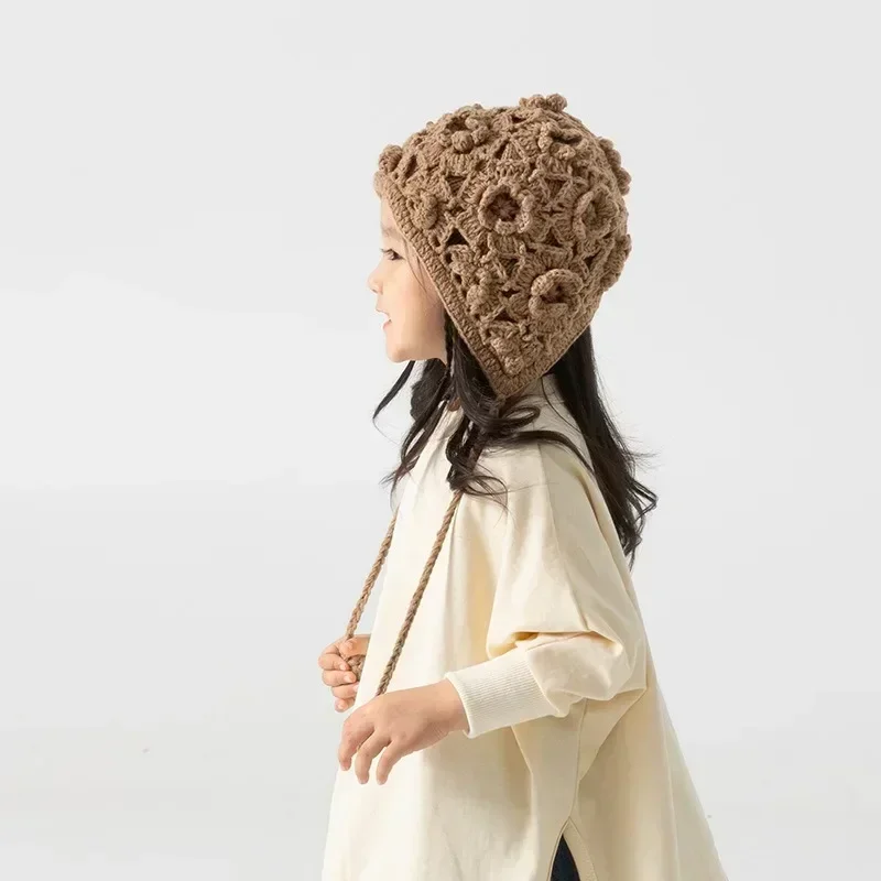 Винтажная детская шапка с цветочным узором осенне-зимняя ажурная шапочка