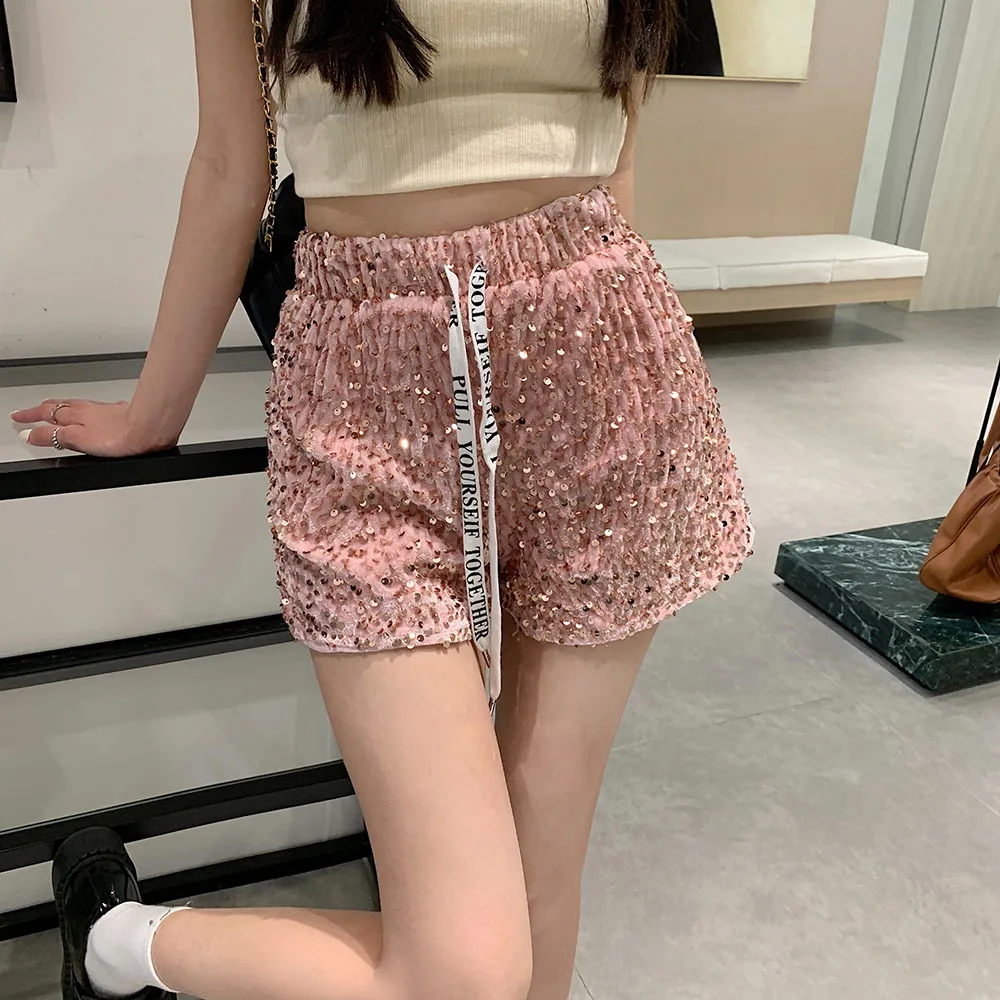 

Шорты женские повседневные на шнуровке, универсальные пикантные блестящие короткие штаны с эластичным поясом, с надписью и блестками