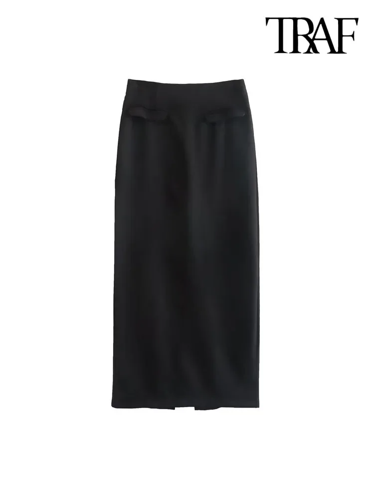 

TRAF Women Fashion Front With Flap Slit Hem Maxi Skirt Vintage High Waist Back Zipper Female Skirts Mujer