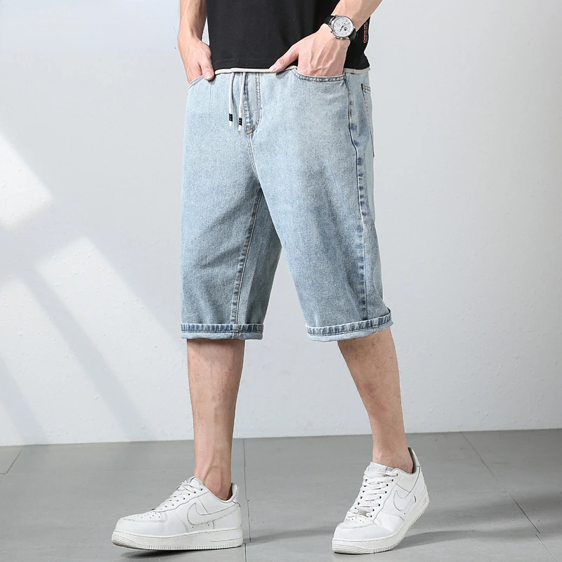 

2023NEW Summer New Light Color Denim Shorts for Men Elastic Waist Design Comfortable Straight Loose Short Jeans Male Brand Black