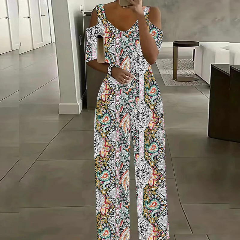 Офисные длинные комбинезоны с винтажным узором и v-образным вырезом сексуальные