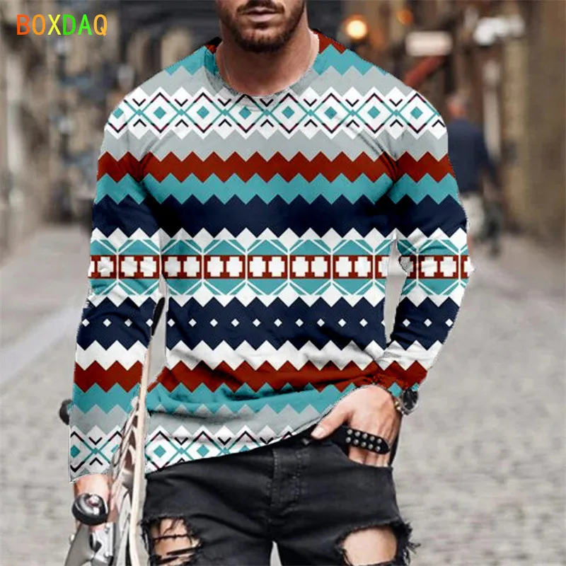 

Fashion Personality Diamond Print T-Shirt Oversized 6XL Men Casual All-match Tops Long Sleeve O-Neck Street Tops Cotton TShirts