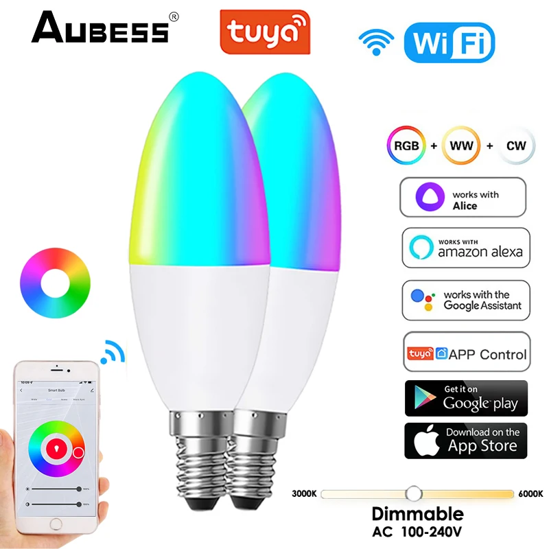 

Умная Светодиодная лампа Tuya с Wi-Fi, приглушаемая LED лампа E14, RGB, CW, лампочка с голосовым управлением, 5 Вт, свеча, работа с Alexa, Google Home Assistant, Яндекс...