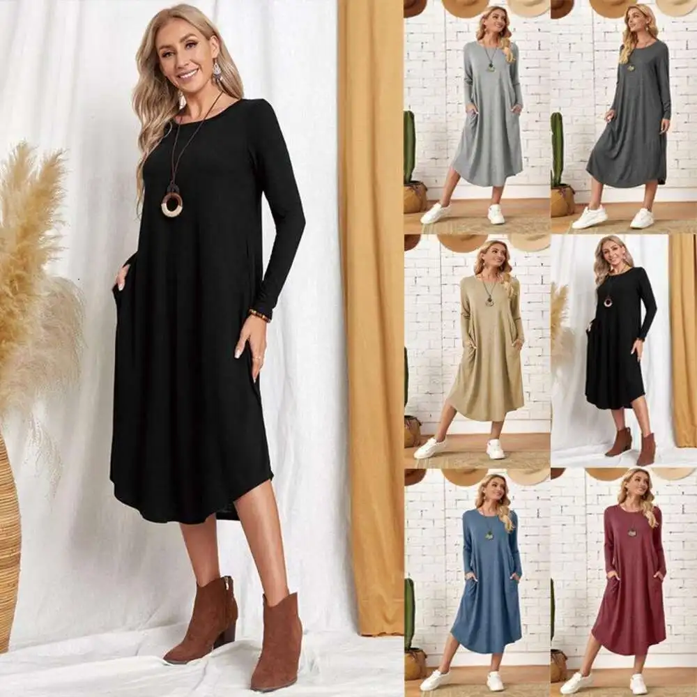 

Autumn And Winter Womens Clothing Pure Color Knitted Side Seam Straight Pocket Curved Hem Loose Dress