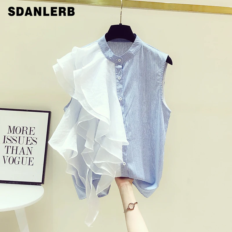 

2022 Summer New Design Sense Mesh Patchwork Ruffled Striped Sleeveless Loose Casual Shirt Women's Fashion Tops Camisas Mujer