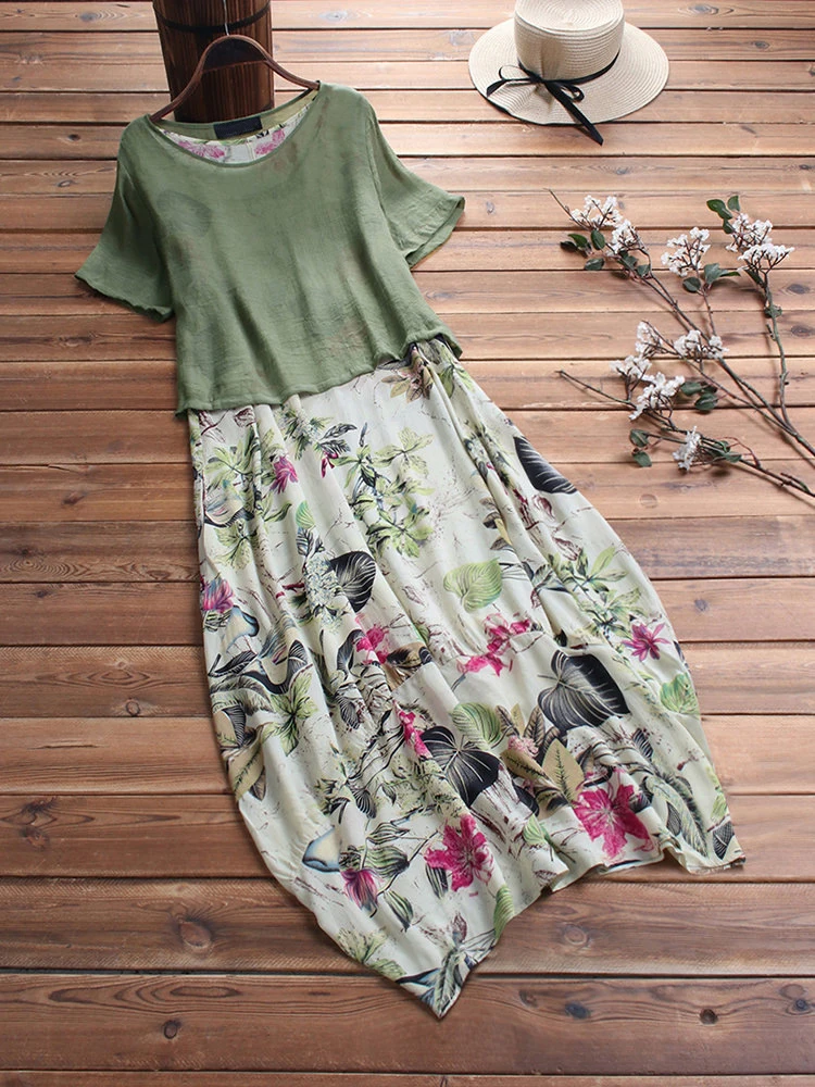 

2023 Patchwork Long Dress Summer Short Sleeve Women Vintage Floral Printed Sundress Causal Retro Party Vestidos Femme Dresses