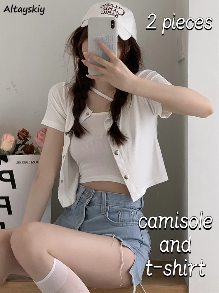 

Camisole Sets Women Slim Outfit Simple Pure All-match Streetwear Hot Girls Ulzzang Summer Crop Tops Chic Leisure Daily Design