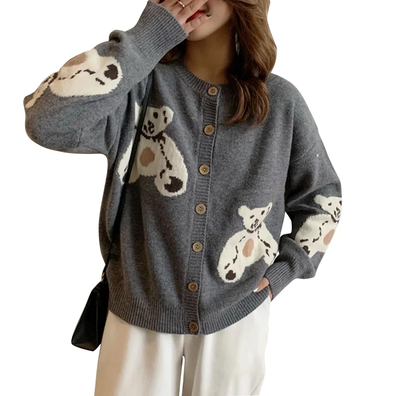 

Bear Print Cardigan Women O-Neck Full Sleeve Sweet Sweaters Women 2022 Spring Autumn Korean Fashion Casual Knitwear Female Y933