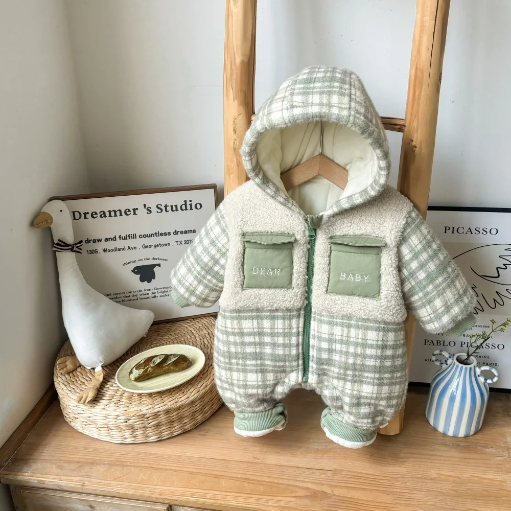 Новинка зимы 2024 детские утепленные плюшевые теплые наряды лоскутные клетчатые