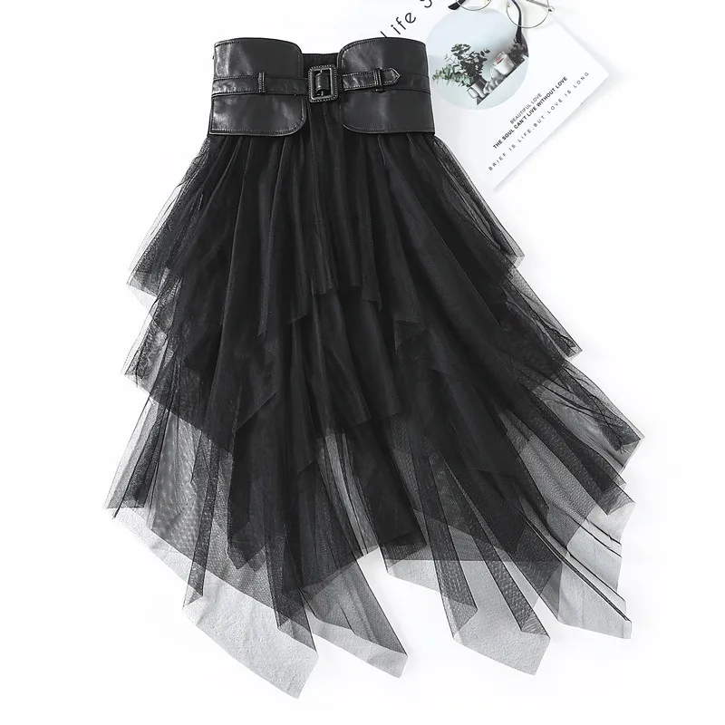 2022 Spring  Autumn New Waist Skirt Women's Mid-Length Covered Gauze Skirt High Waist Lace Mesh Cake Skirt