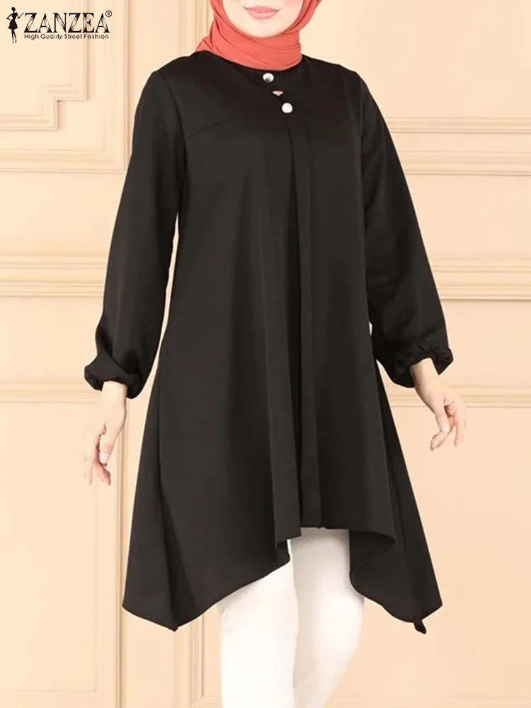 

Модная женская мусульманская блузка ZANZEA, женские топы с длинным рукавом и круглым вырезом, праздничная женская элегантная Однотонная рубашка большого размера
