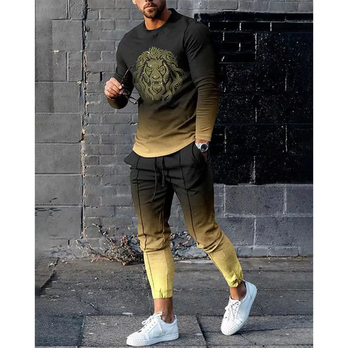 

2023 Men High Quality Long Sleeve Set For Man Fashion Summer Design Printed T-Shirt Long Pants 2Pcs Outfit Clothing Sport Suit
